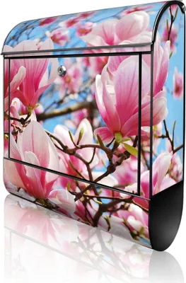 Produktbild von banjado Design Briefkasten Stahl schwarz mit Zeitungsfach pulverbeschichtet "Magnolienbaum" 38x46x12,5cm & 2 Schlüssel - Postkasten A4 Einwurf inkl. Montagematerial [BKSCH 10449]