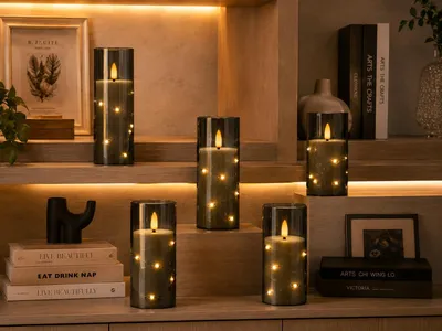 Imagen del producto de Juego de velas LED sin llama, 5 unidades, diámetro de 5,5 cm, altura de 14/16/18/20 cm, para uso en interiores y exteriores