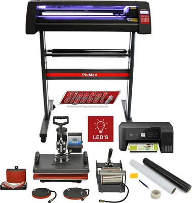 A collection of equipment for sign making and heat pressing, including a plotter, heat press, printer, and software.
