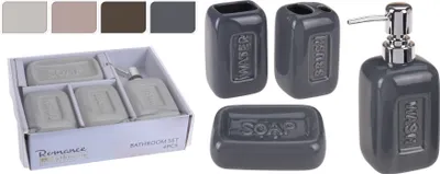 A collection of bathroom accessories, including soap dishes, a soap dispenser, and toothbrush holders, displayed in a set and individually.