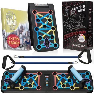 Produktbild von Body & Mind 20-in-1 Liegestützbrett Elite faltbar mit Widerstandsbändern – Multifunktions Push-Up Board Fitnessboard für dein Krafttraining