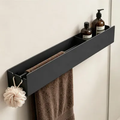 Produktbild von Mai & Mai Duschablage ohne Bohren mit Handtuchhalter, Shampoo Halterung für Dusche, Bad, Küche 60cm Schwarz Reglo-18