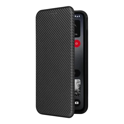 A black carbon fiber flip case for a phone is shown against a white background.