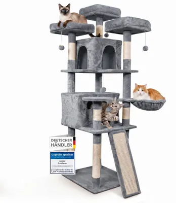 Produktbild von Foxdevil by xonic® Stabiler Kratzbaum für Katzen [165 cm] - Großer Katzenkratzbaum mit 3 Aussichtsplattformen, Liegemulde, 2 Kuschelhöhlen, 3 Spielbällen & Kratzbrett-Treppe ? ([V2 Grau])