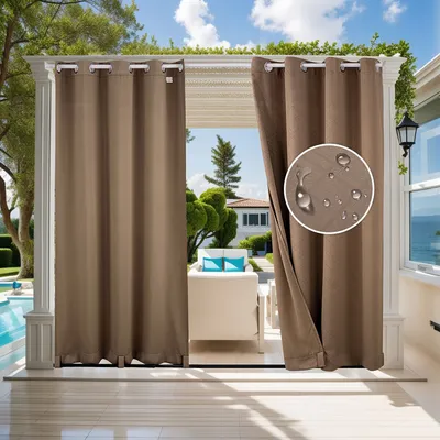 Image de 2 rideaux d'extérieur résistants aux intempéries, rideau d'extérieur anti-UV étanche avec œillets pour balcon terrasse véranda tonnelle£¬marron clair,132x238cm