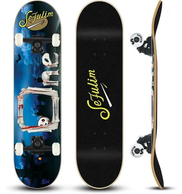 Productafbeelding van Volledige skateboard, 78,9 x 20,3 cm, 7-laags, Canadees esdoornhout, dubbele kicktail, blauw met wit skeletdesign