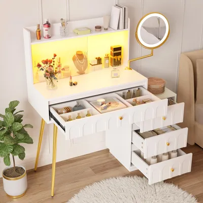 Obrázek produktu pro MODFU toaletní stolek se zrcadlem a LED osvětlením, kosmetický stolek, 4 zásuvky a otevřený úložný prostor, bílá