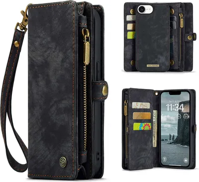 Collage of product images showing a black wallet phone case from different angles, including one with a phone inside.