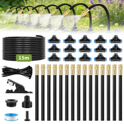 Produktbild von 360° Automatische Bewässerungssystem Garten, Tröpfchenbewässerungsbausätze mit Verstellbar Düsen Gartenbewässerung mit 15 Nebeldüsen und 15M Schlauch