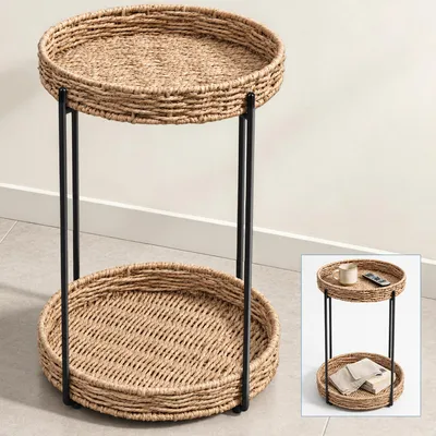 Produktbild von doporro Beistelltisch rund, Kleiner Tisch, Couchtisch rund mit 2 geflochtenen Ablagen aus natürlichem Papierseil,37 x 55 cm, Schwarz Reglo-08