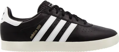 A black Adidas 350 sneaker with white stripes and sole.
