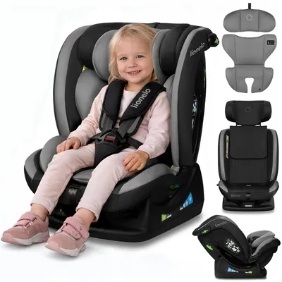 A child is sitting in a car seat, with additional product components shown separately.