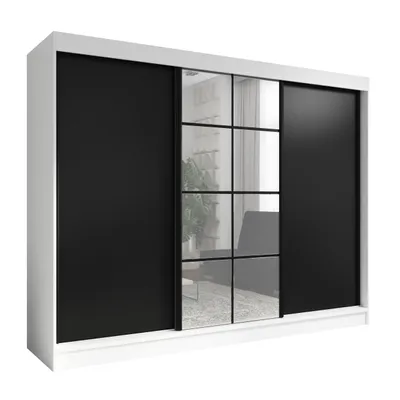 Produktbild von Oravelle 200 cm Weiß / Schwarz 3-türiger Kleiderschrank mit Spiegel, 4 Schubladen und Kleiderstangen – Funktionalität und Eleganz!
