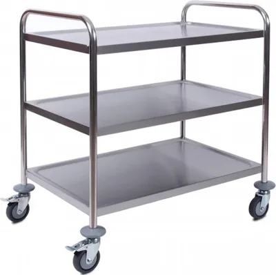 A three-tiered stainless steel serving cart with wheels, shown against a white background.