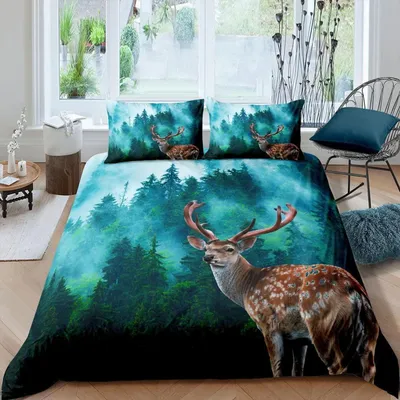 Immagine prodotto di Set di lenzuola con motivo di cervo nella foresta, dimensioni 200x200 cm, 2 federe 80x80 cm, in microfibra, multicolore