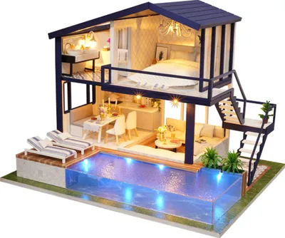Produktbild von DIY Miniatur Holz Villa mit Schwimmbad Zusammenbau Puppenhaus Modell Kits Spielzeug Geschenk