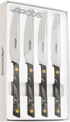 Obrázok produktu pre Sada 4 nožov deTable Arcos Flysch Series na mäso. Steakový nôž so zúbkovanou čepeľou z nehrdzavejúcej ocele NITRUM s dĺžkou 110 mm. Rukoväť z polymetylmetakrylátu.