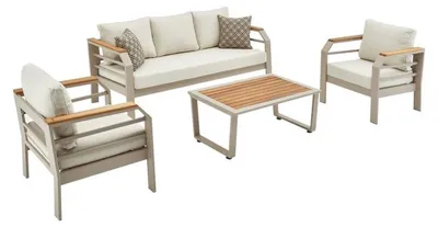 Image de Salon de jardin en aluminium et tissu oléfine beige avec canapé 3 places, 2 fauteuils et table basse
