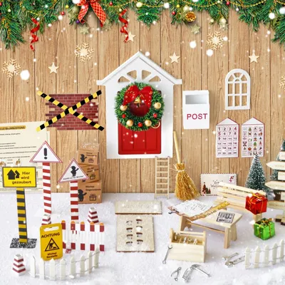 Produktbild von Wichteltür Weihnachten Set Miniatur Zubehör - 80 Teile - Holz - Naturholzfarben - Für Weihnachtsdekoration