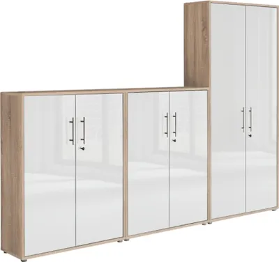 Produktbild von Aktenschrank TABOR 53 in Eiche Sonoma / weiß Hochglanz, Schrankwand, Büroschrank, abschließbar, Metallgriffe