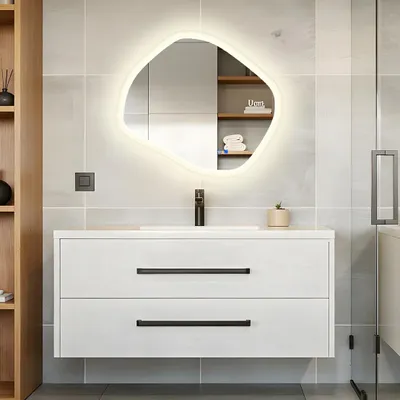 Image de ARTFORMA Miroir de salle de bains LED asymétrique 84 x 74 cm sans cadre, avectactile et traitement anti-buée