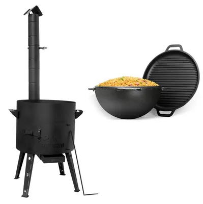 Produktbild von Ø40 Uchag 2mm Stahl Abzugsrohr mit 12L Kazan Deckel-Grillpfanne Gusseisen Utschak Utschag Kessel Kasan Feuerstelle Feldküche