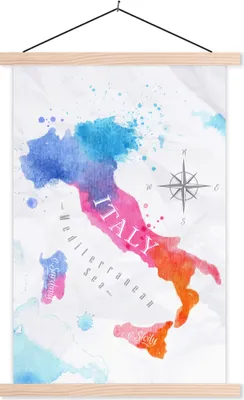 Produktbild von MuchoWow® Textilposter Weltkarte - Ölfarbe - Italien 40x60 cm mit holzfarbenen Rahmen - Poster