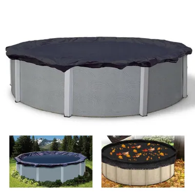 A collage of images showing different pool covers on above-ground pools.