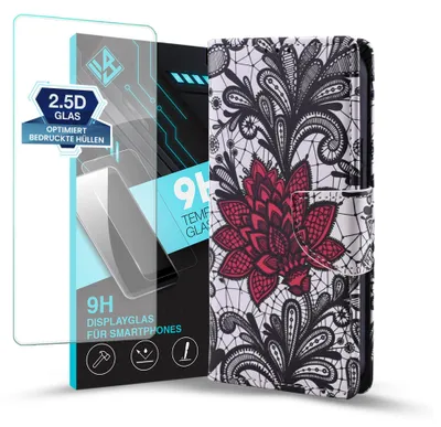 Produktbild von Handy Hülle für Samsung Galaxy A26 5G mit 9H Displayglas Klapphülle Bookcase Flip Cover Handy Tasche Etui Motiv: Seerose Blumen