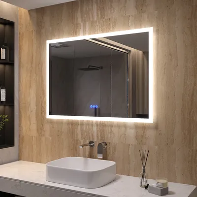 Produktbild von AQUABATOS Badezimmerspiegel 100x70cm – Rechteckiger LED Spiegel horizontal mit 3 Lichtfarben, Touch-Sensor, Dimmfunktion, Speicher, Spiegelheizung & Antibeschlag – IP44, kupfer- & bleifrei, CRI>90, Facettenschliff