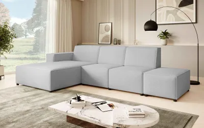 Produktbild von Ecksofa mit Hocker PEDRO L, breite Ottomane, L-Form, 295 cm, Eckseite: Links, Hellgrau (Raven06)