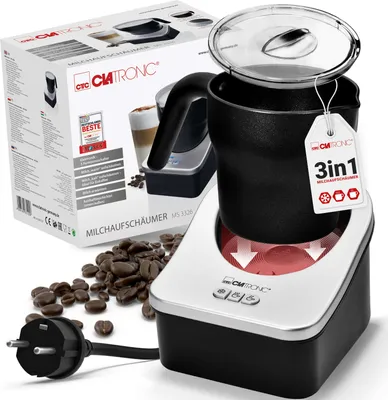Produktbild von Clatronic Milchaufschäumer für warme und kalte Milch - elektrisch mit integrierter Heizfunktion und 750ml Behälter, ideal für heiße Schokolade, Cappuccino und Eiskaffee - MS 3326