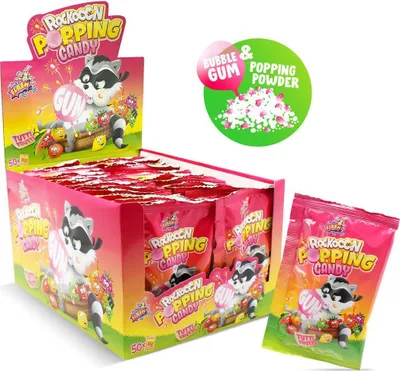 Produktbild von Display Komplett Rockooon Popping Candy Gum Tutti Frutti Halal Kaugummi+Knisterpulver 50 Beutel a 8 g