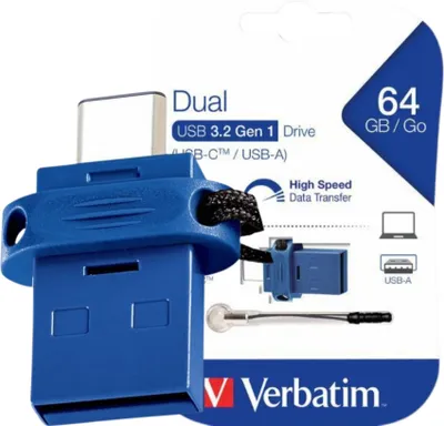 Zdjęcie produktu dla Verbatim Podwójna pamięć USB typu C / USB 3.0 64 GB, 64 GB, USB Type-A / USB Type-C, 3.2 Gen 1 (3.1 Gen 1), Bez zatyczki, 3,6 g, Czarny, Niebieski, Srebrny