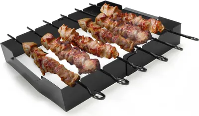 Produktbild von 6 Grillspieße mit Spießhalter (klappbar), Spieße drehbar für gleichmäßiges Garen, für Holzkohle-, Elektro- oder Gasgrill, Metall mit Antirostschutz, Spieße (L) ca. 35,5 cm