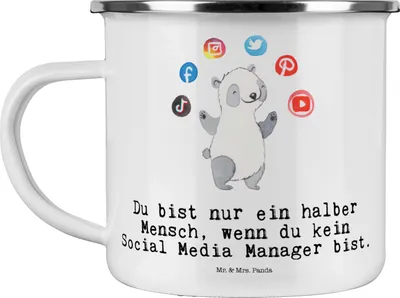 Produktbild von Mr. & Mrs. Panda Teetasse Social Media Manager Herz - Weiß - Geschenk, Emaille Tasse, Pott, Becher, Haferl