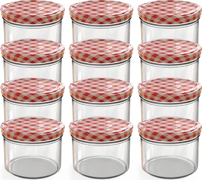 A collection of glass jars with red and white checkered lids.