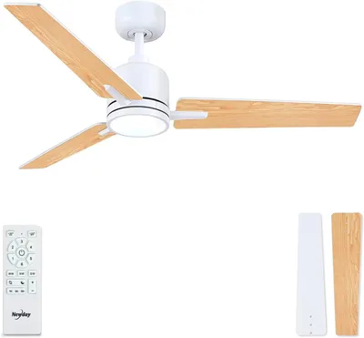 Produktbild von Deckenventilator mit Beleuchtung und Fernbedienung, 122 cm, weißer Holz-Deckenventilator mit Lampen, dimmbar, leiser, reversibler DC-Deckenventilator