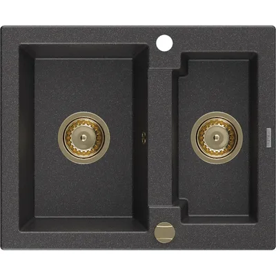 Obrázek produktu pro Mexen Carlos 1,5-miskový granitový dřez 582 x 475 mm, Skvrnitá černá, sifon Zlatá - 6518581500-76-G