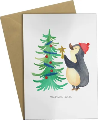 Produktbild von Mr. & Mrs. Panda Grußkarte Pinguin Weihnachtsbaum - Weiß - Geschenk, osterkarte, weihnachtskarten, Winter, glückwunschkarten, Weihnachten, Grußkarten, einladungskarten