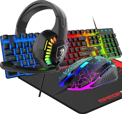 Produktbild von 4-in-1 Gaming-Tastatur mit Kabel, 104 Tasten, 3D-Stereo, Multi-RGB-Hintergrundbeleuchtung, ergonomisches verstellbares verstellbares Mikrofon