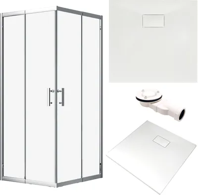 Produktbild von SET Duschkabine + Duschwanne 80x80 193 cm - Quadratisch Transparent Gehärtet Nano Glas 6 mm Weiß Steinoptik SMC inkl. Siphon | BADLAND HELA VIDAR
