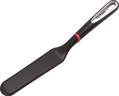 A black spatula with a red accent and a silver loop at the end of the handle, with the brand name 'Tefal' visible on the handle.