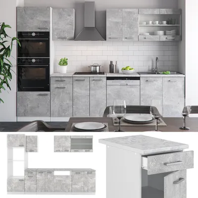 Obrázek produktu pro Kuchyňský kout Vicco R-Line Beton 300 cm s vysokou skříní, bez pracovní desky, Model 30227