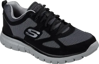 A single black and gray Skechers sneaker is shown against a white background.