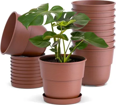A set of terracotta-colored plant pots with a potted plant.