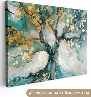 Produktbild von Leinwand Bilder 80x60 cm - Lebensbaum - Modern - Malerei-Look - Türkis - Gold, Bilder, Wanddeko Wohnzimmer