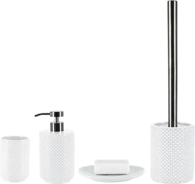 Produktbild von spirella Badezimmer Set, 4-teiliges Badzubehör aus Steinzeug Mero, Seifenspender, WC Bürste, Seifenschale und Zahnputzbecher Weiß