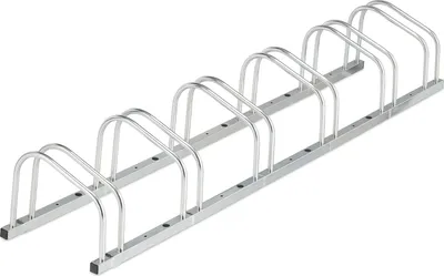 Produktbild von Relaxdays Fahrradständer Boden, für 6 Fahrräder, bis 50 mm Reifenbreite, Metall, Garage, Fahrrad-Aufstellständer, silber