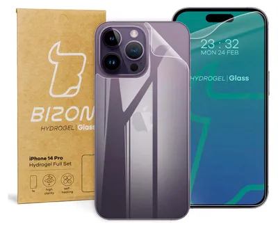The image shows the packaging for a Bizon Hydrogel Glass screen protector for an iPhone 14 Pro, along with a representation of the phone with the protector applied.
